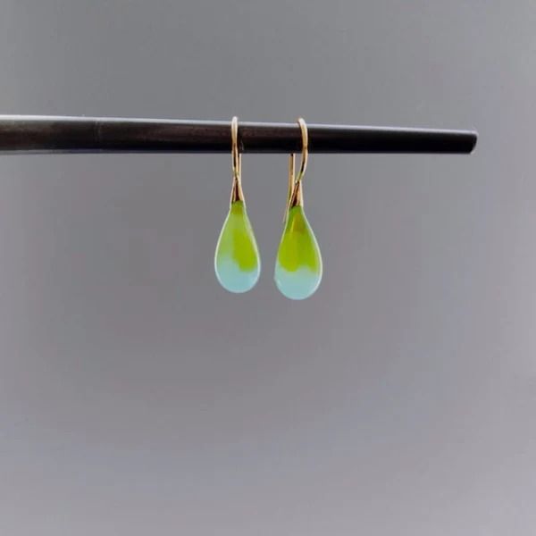 Japanese Artist Handcrafted Teardrop Glass Drop Earrings In Apple Green - The Chubby Paw Glass Teardrop Jewelry With Matching Earrings, Glass Drop Earrings With Matching Set, Glass Drop Earrings As Gift, Modern Glass Teardrop Earrings, Everyday Glass Drop Earrings, Modern Handmade Teardrop Jewelry, Everyday Green Glass Jewelry, Unique Gold Glass Earrings, Minimalist Teardrop Glass Jewelry