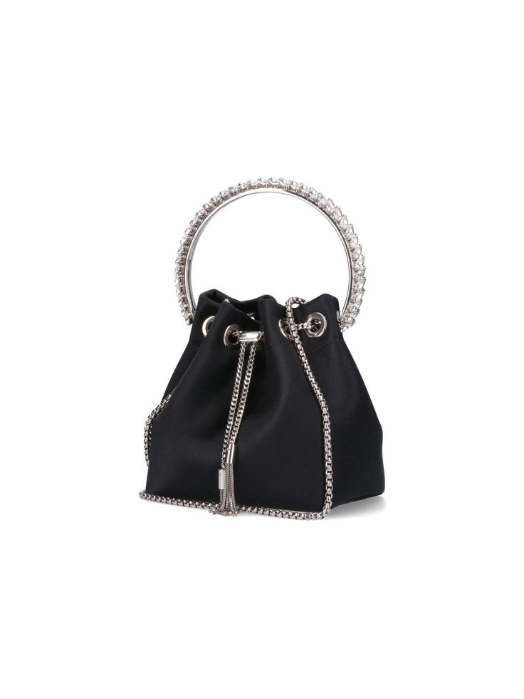 Jimmy Choo 'Bon Bon' bucket bag in black satin, top handle with crystal detail, removable adjustable chain shoulder strap, drawstring closure, single inner compartment. Composition: 100% Satin