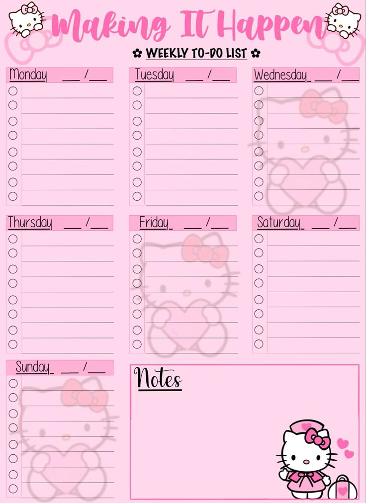 a pink hello kitty printable to do list