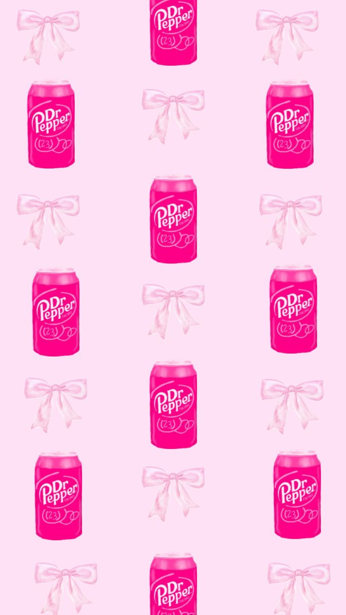 pink soda cans with ribbons tied around them on a light blue background, all in different shapes and sizes