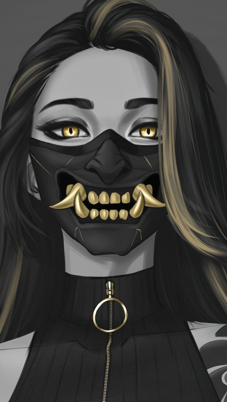 a woman with gold teeth and piercings on her face is wearing a black mask