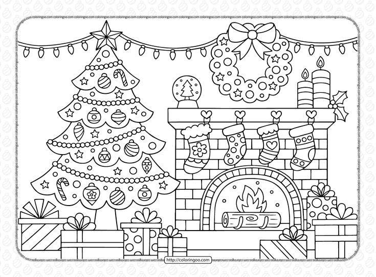 a coloring page with christmas trees and presents in front of a fireplace, decorated for the holidays