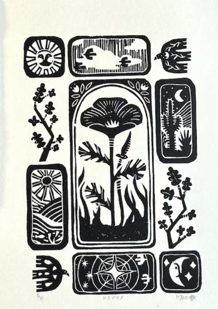 a black and white drawing of flowers, trees, and other things in the background