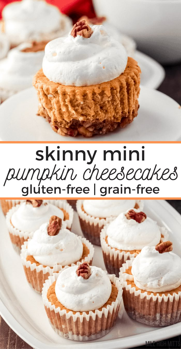 Looking for a healthy Thanksgiving dessert? These Skinny Mini Pumpkin Cheesecakes are gluten-free, grain-free and naturally sweetened with maple syrup or honey. They have a crunchy pecan crust on the bottom, with a pumpkin cheesecake filling on top. Made in mini form in a muffin tin, for an easier treat to make and serve! Pumpkin Cheesecakes, Pecan Crust, Mini Pumpkin Cheesecake, Gluten Free Thanksgiving, Gluten Free Cheesecake, Healthy Thanksgiving, Thanksgiving Food Desserts, Gluten Free Brownies, Cheesecake Filling