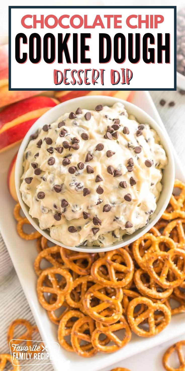 chocolate chip cookie dough dip in a bowl with pretzels on the side