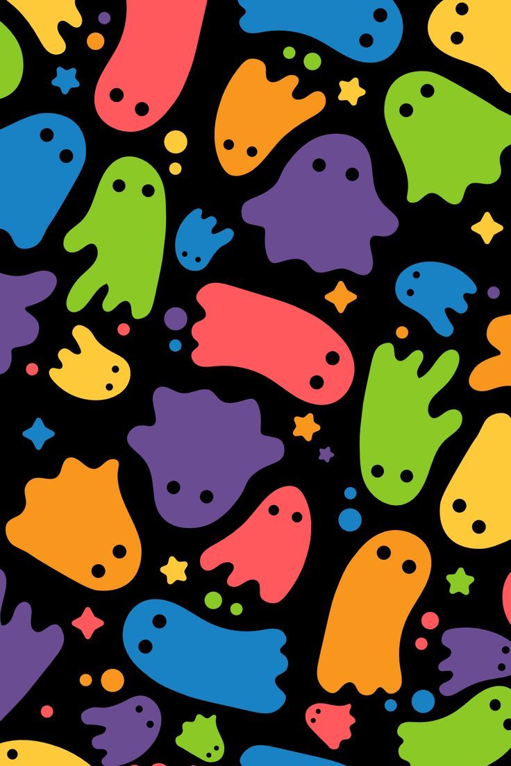 a black background with many different colors of ghost like shapes and sizes, all on top of each other