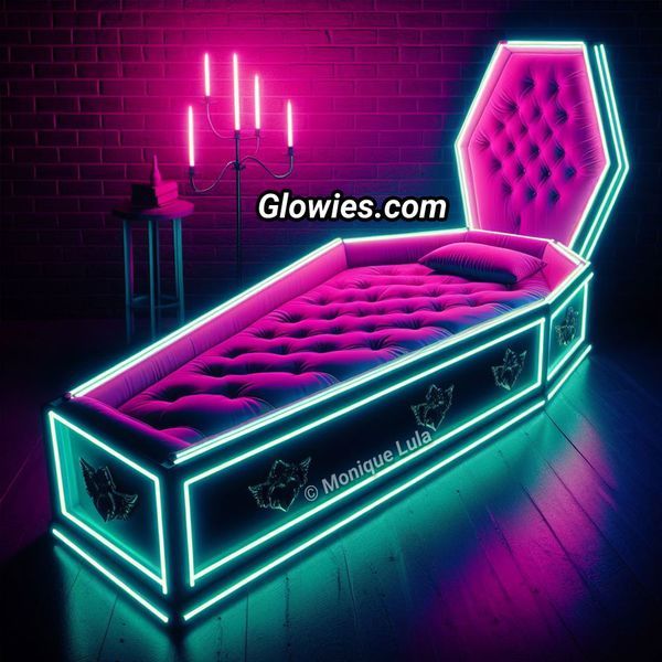 an illuminated bed in the middle of a room with pink and green lights on it