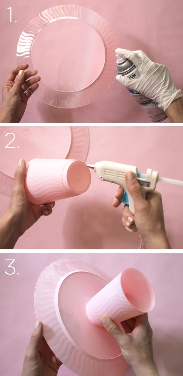 three pictures showing how to make paper plates with plastic cups and glue on the sides