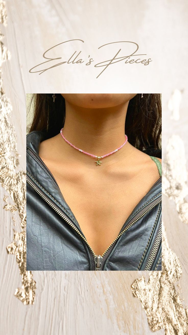 Carefully hand-crafted boho chocker/ necklace. The necklace is approximately 35cm long, plus 8 cm adjustment chain. You can wear it as a 'long choker'.  🌸 24k gold plated starfish charm  🌸 pink and white glass pearls  🌸 stainless steel carabiners, IP gold-coloured  🌸 stainless steel chain to adjust necklace, 8 cm long  🌸 boho/ beach style  This jewellery is your personal talisman. Shine your light with an individually and carefully handcrafted piece, that suits just YOU. You deserve to feel Gold Resizable Choker As Gift, Resizable Gold Choker As Gift, Trendy Handmade Gold Beaded Necklaces, Trendy Handmade Gold Beaded Necklace, Adjustable Charm Necklaces With Tiny Beads, Trendy Pink Adjustable Charm Necklace, Resizable Choker Necklace For Festivals, Adjustable Pink Jewelry For Festivals, Pink Trendy Jewelry For Festivals