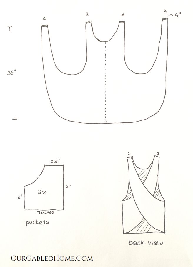 an image of a drawing of a top with measurements for the front and back sides