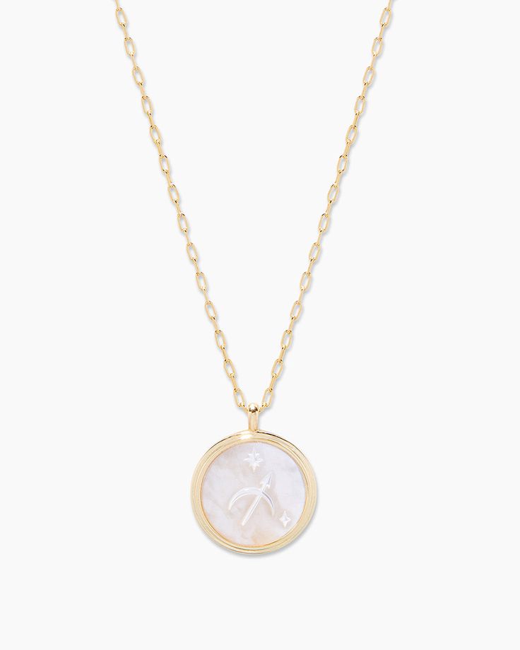 Zodiac Necklace in Gold Plated/Sagittarius, Women's by gorjana White Coin Necklace With Round Pendant, White Coin Pendant Necklace, White Round Coin Pendant Necklace, White Round Coin Necklace, Necklace Guide, White Aura, Black Labradorite, Orange Agate, Yellow Opal