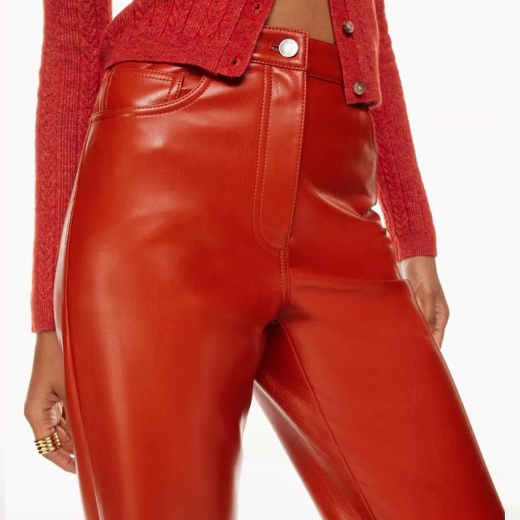 Red Vegan Leather High Waisted Pants New With Tags Never Worn Size 6 But Runs A Little Small, A Size 4 Could Probably Fit In This Or If You’re In Between Sizes This Is Perfect! Red With An Orange Tint Aritzia Wilfred Brand Wilfred Melina Pants High Waist Red Leather Pants For Spring, Red Straight Leg Bottoms For Night Out, Red Leather Pants For Spring Party, Red High Waist Leather Pants For Spring, Chic Red Pants For Fall, Red Straight Leg Pants For Fall, High-waisted Red Bottoms For Winter, High Waist Red Bottoms For Winter, Red High Waist Leather Pants For Party