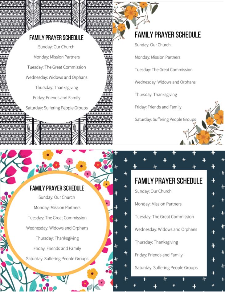 the family prayer schedule is shown in three different colors and sizes, with flowers on them