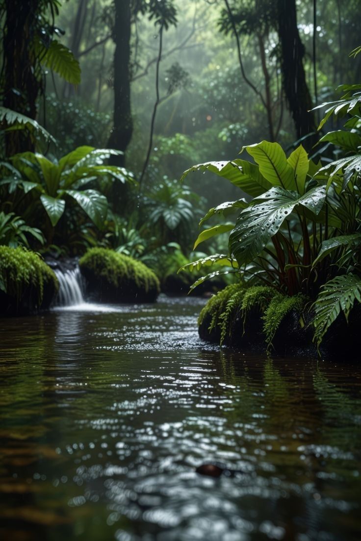 a stream running through a lush green forest filled with lots of trees and plants on both sides