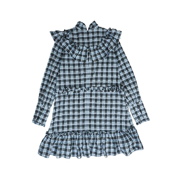 Ganni long-sleeve high neck dress in a blue and black plaid pattern with frilled trim and a large ruffle panel across the shoulders and a large flare panel at the hem. Brand = Ganni Size = 34 Condition = 7.5/10, Very good. Small stain on middle ruffle. Material = Cotton, Polyester SKU = 23504-16 Blue Ruffled Dresses For Winter, Blue Winter Dresses With Ruffles, Blue Ruffled Winter Dress, Fall Dresses With Ruffles For Work, Chic Long Sleeve Ruffle Dress For Fall, Winter Daywear Dresses With Ruffles, Chic Fall Ruffle Dress With Long Sleeves, Fall Dresses With Ruffled Collar And Ruffles, Casual Long Sleeve Ruffle Dress For Fall