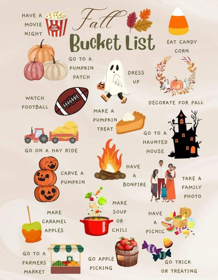 the fall bucket list is filled with things to do and have on hand for halloween