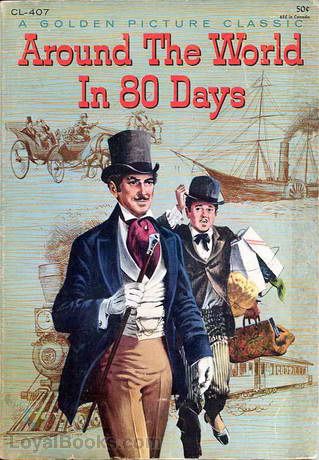 the cover of around the world in 80 days, with an image of two men