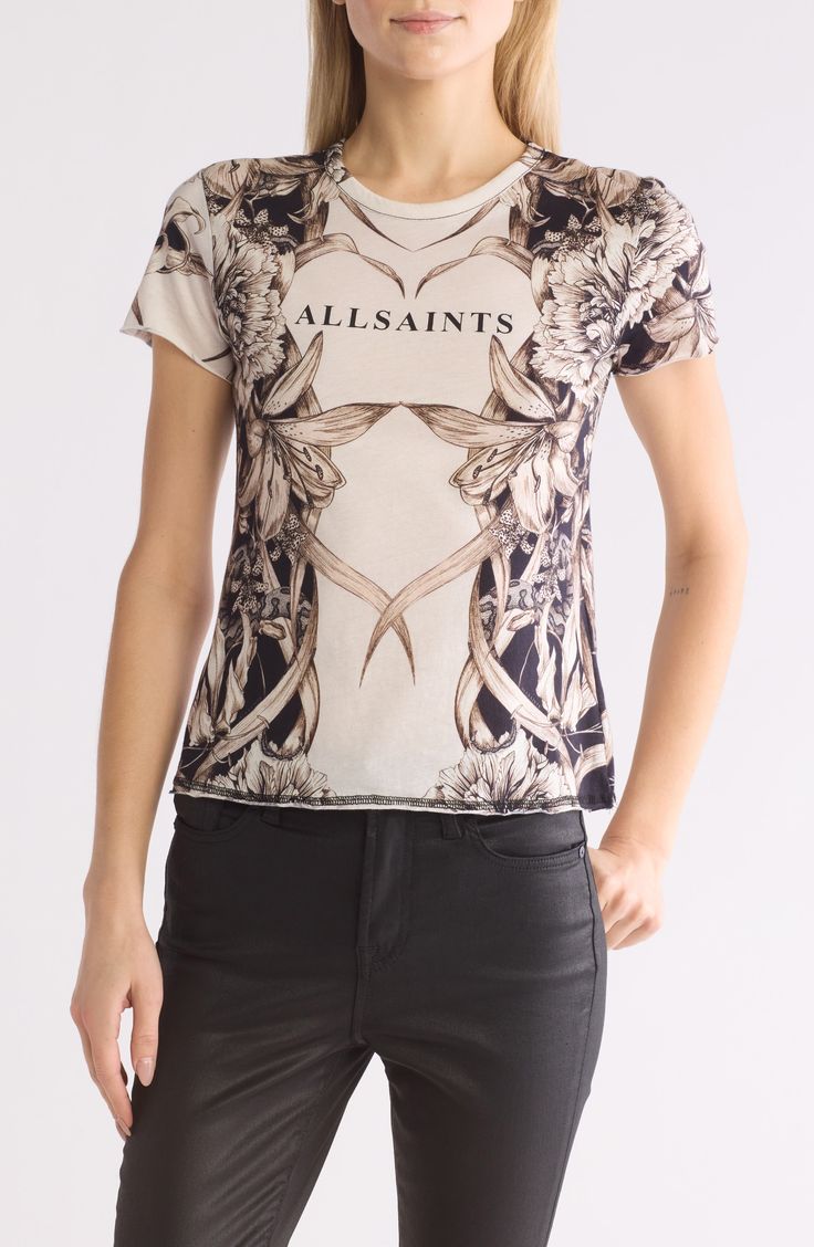 An All Saints logo adds striking signature flare to this floral print shirt cut from pure cotton. Crewneck Short sleeves 100% cotton Dry clean Made in Turkey Short Sleeve Tops With Signature Print For Spring, White Tops With Signature Print For Spring, White Signature Print Top For Spring, White Signature Print Tops For Spring, Cotton Tops With Signature Print For Spring, Allsaints White Short Sleeve Tops, Summer Crew Neck Tops With Signature Print, Casual Summer Tops With Signature Print, Allsaints Fitted Tops For Spring