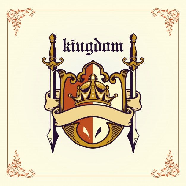 a crown with two swords on it and the word kingdom above it is an ornate border