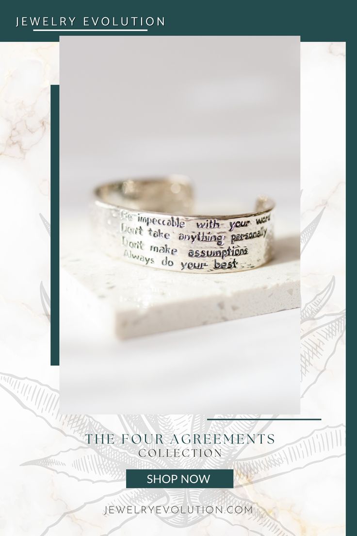 Wear this cuff bracelet as a daily reminder to practice don Miguel Ruiz's The Four Agreements. 🪷 Each glance at your wrist reaffirms your commitment to harmony in life and relationships. The subtly positioned stylized text acts as a powerful reminder, engraved for a stylish touch. 💠 Spiritual Friendship Cuff Bangle Bracelet, Spiritual Friendship Cuff Bracelet, Adjustable Spiritual Cuff Bracelet For Friendship, Adjustable Engraved Cuff Bracelet With Meaningful Style, Adjustable Engraved Cuff Bracelet Meaningful Style, Meaningful Bangle Cuff Bracelet Gift, Adjustable Engraved Cuff Bracelet, Meaningful Cuff Bracelet Gift, Meaningful Sterling Silver Bracelets