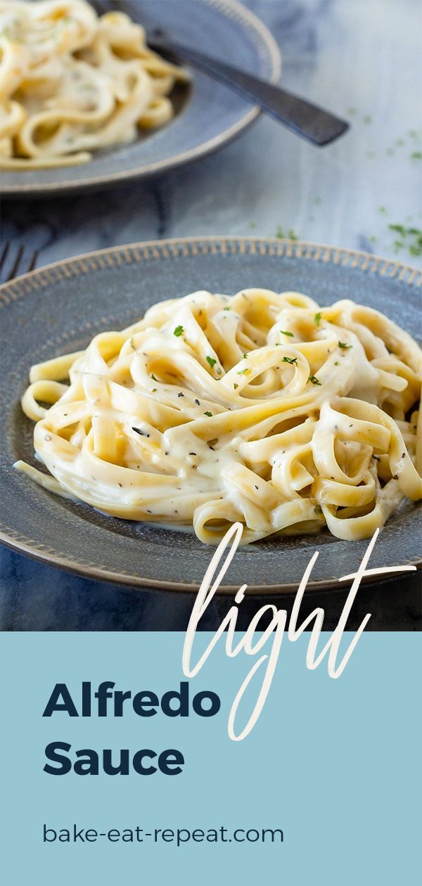 two plates with alfredo sauce on them and the title above it reads light, light