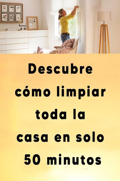 a man standing on top of a bed in a bedroom next to a window with the words descubre como limpparr tod la casca en solo 50 minutos