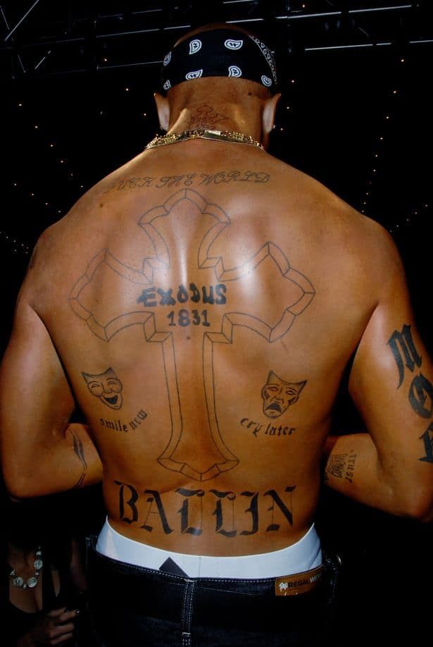 the back of a man with tattoos on his body