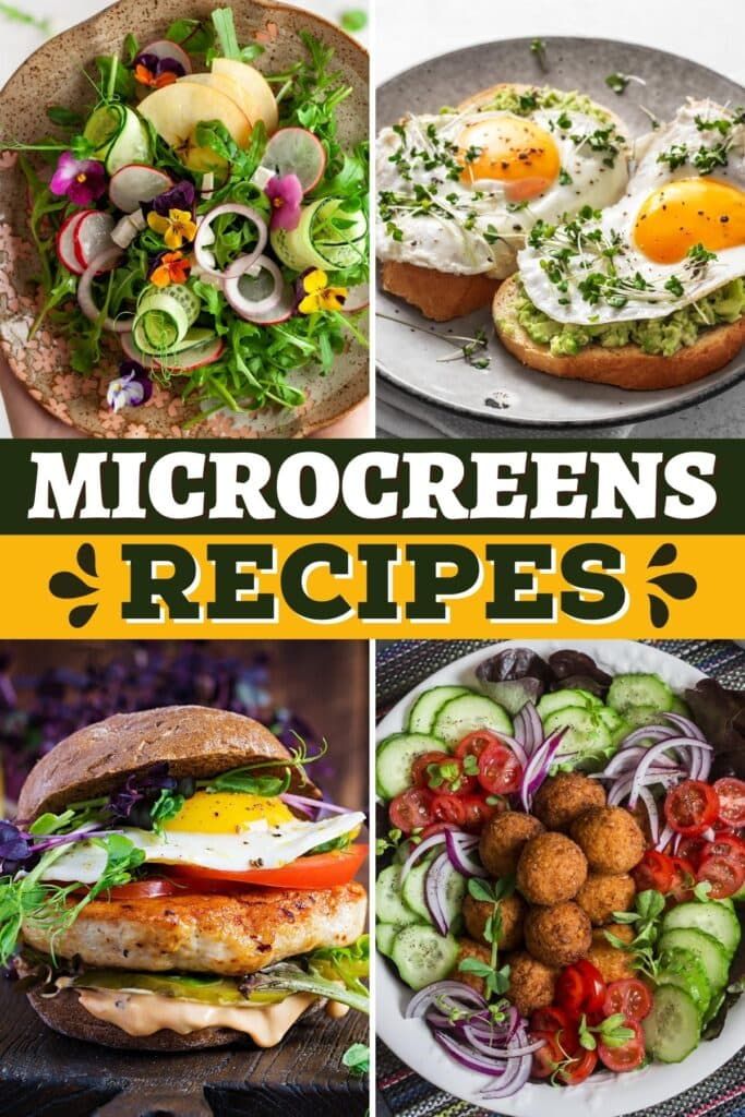 four different pictures with the words microgreens recipes on them and images of food