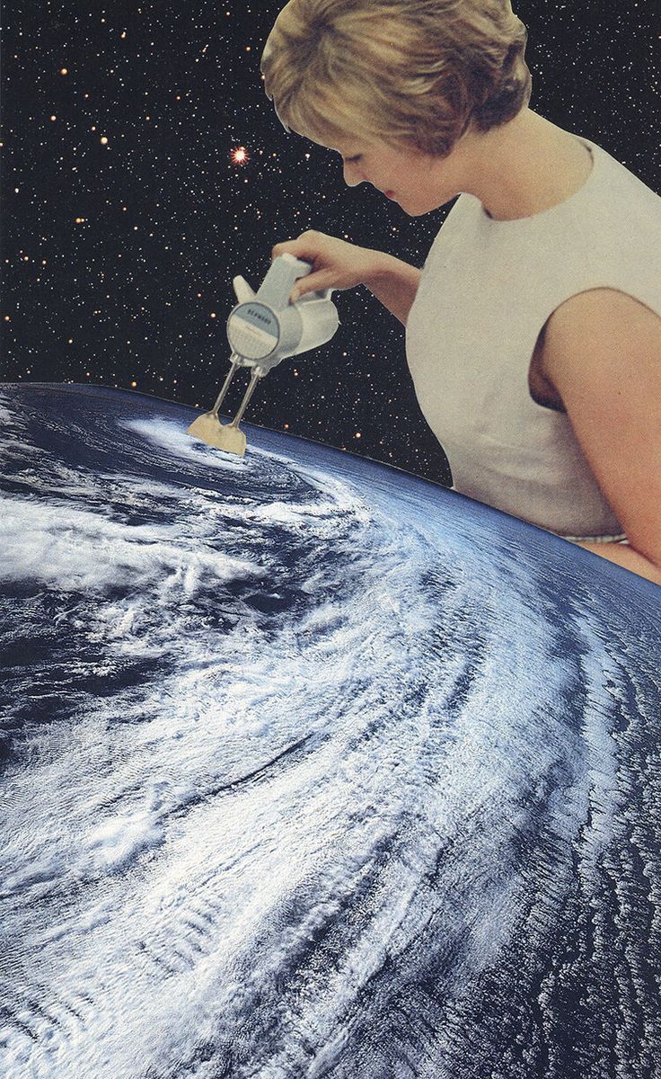 a woman holding a blender on top of a blue and white planet with stars in the background