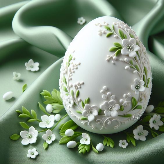 an egg decorated with white flowers and green leaves on a satin fabric, closeup