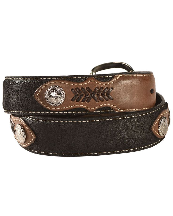 Nocona Kids' Inset & Concho Adorned Leather Belt - 18-28, Black Black Leather Embroidered Belt Buckles, Adjustable Embroidered Leather Belt, Western Black Embroidered Belt, Black Western Style Embroidered Belt, Southwestern Hand Tooled Leather Belt Buckles, Southwestern Hand Tooled Leather Belt, Western Style Black Belt For Western-themed Events, Western Style Black Belt For Ranch, Southwestern Style Hand Tooled Leather Belt