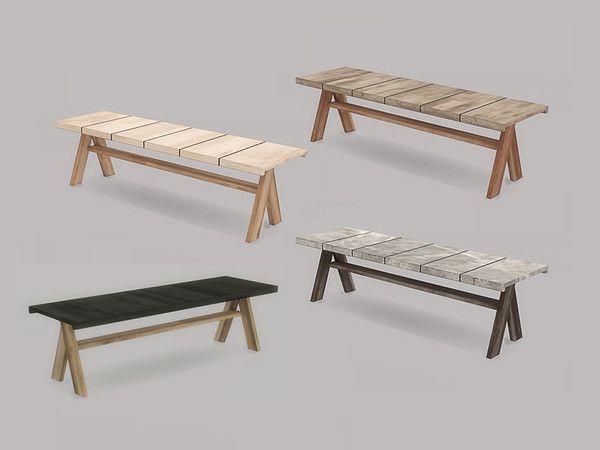 four wooden benches are shown in three different positions, one is black and the other is white