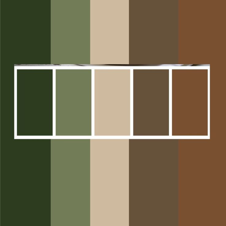 the color palette is brown, green, and beige with white squares on each side