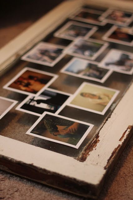 an old photo frame with many pictures on it and the bottom half is covered in photos