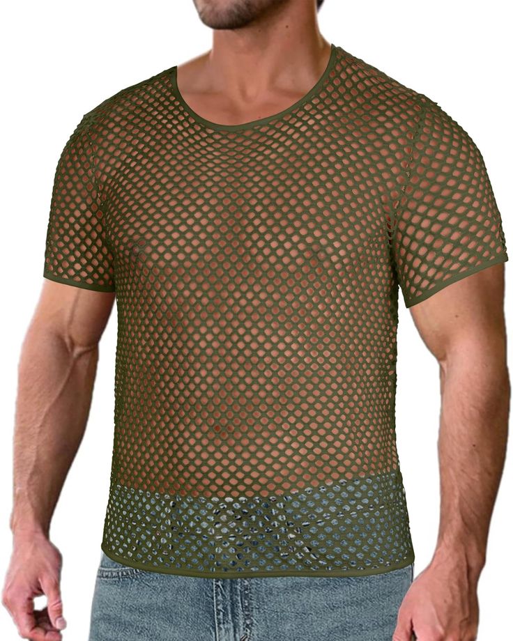 PRICES MAY VARY. Men's see through top is made of soft fabric, lightweight and breathable, casual loose fit, combining comfortable and fashion. The net design of the fishnet top can perfectly show off your healthy muscles. Feature: Sheer mesh top, see through, short sleeve, round neck, hollow out, regular fit, transparent fishnet men's tops add glamour and allure to your outfit. This fishnet sheer cover up can be worn as an outside top or under a jacket. Mesh shirt suitable to match with all kin Net Design, Sheer Mesh Top, Sheer Cover Up, Fishnet Top, Mesh Shirt, Cover Up, Mesh, Design