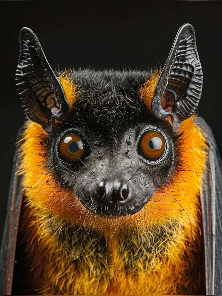 a close up of a bat with orange and black fur