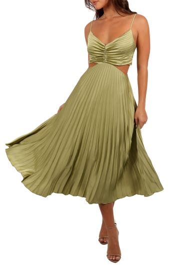 Make a memorable entrance in this pleated satin midi dress with sultry waist cutouts and a swingy skirt that's sure to be a hit on the dance floor. Hidden back-zip closure V-neck Adjustable straps Lined 100% polyester Hand wash, line dry Imported Satin Dresses Long, Satin Dresses Long Sleeve, White Dress Shoes, Resort Dresses, Essential Dress, On The Dance Floor, Bridesmaid Outfit, Flare Mini Dress, Dress Satin