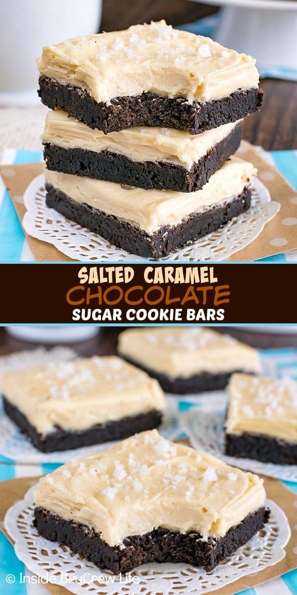 chocolate brownies topped with salted caramel frosting on top of each other