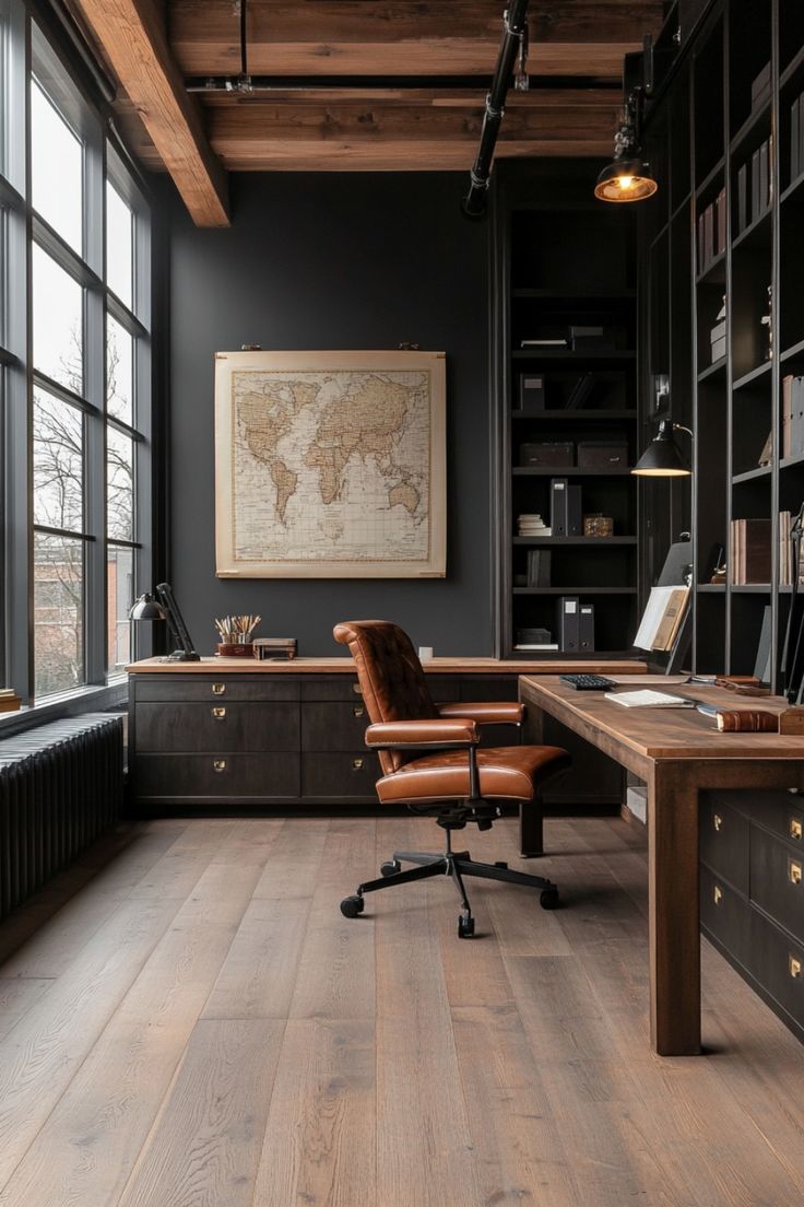 an office with wood floors and black walls