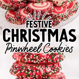 festive christmas sprinkled cookies stacked on top of each other with text overlay