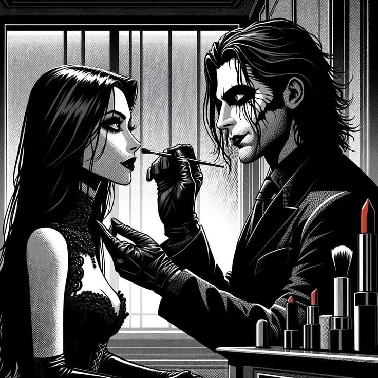 a drawing of a man and woman with makeup in their hands, looking at each other