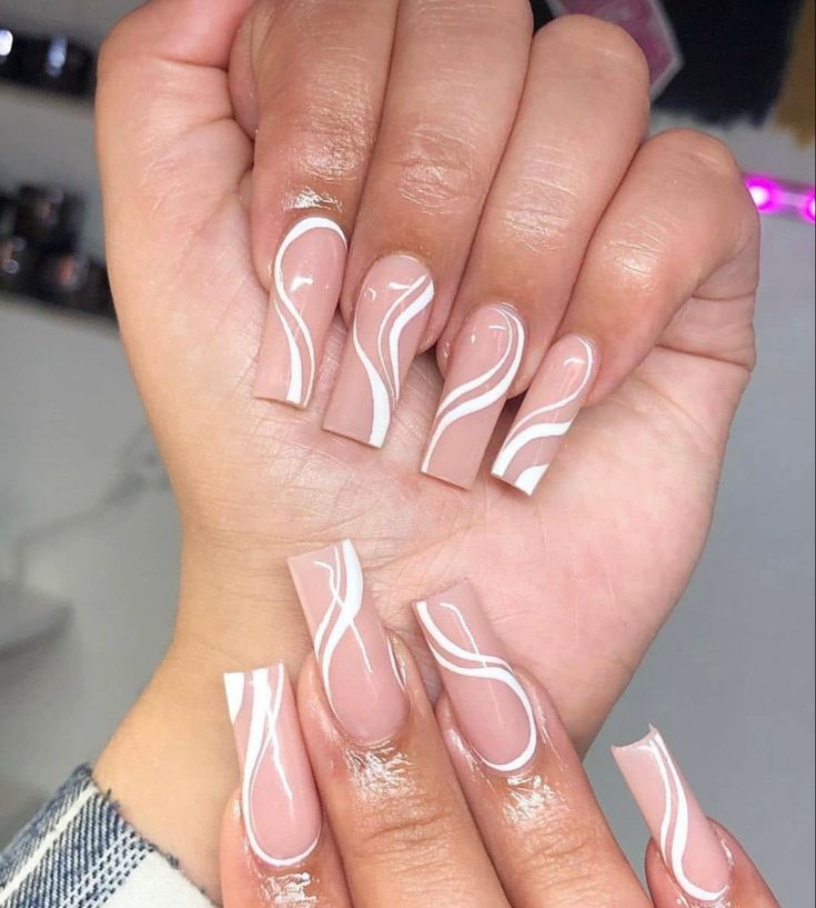 Pearl Acrylic Nails, Acrylic Nails Square, Swirl Nails, White Coffin Nails, S Nails, White Acrylic Nails, French Tip Acrylic Nails, Cute Acrylic Nail Designs, Basic Nails