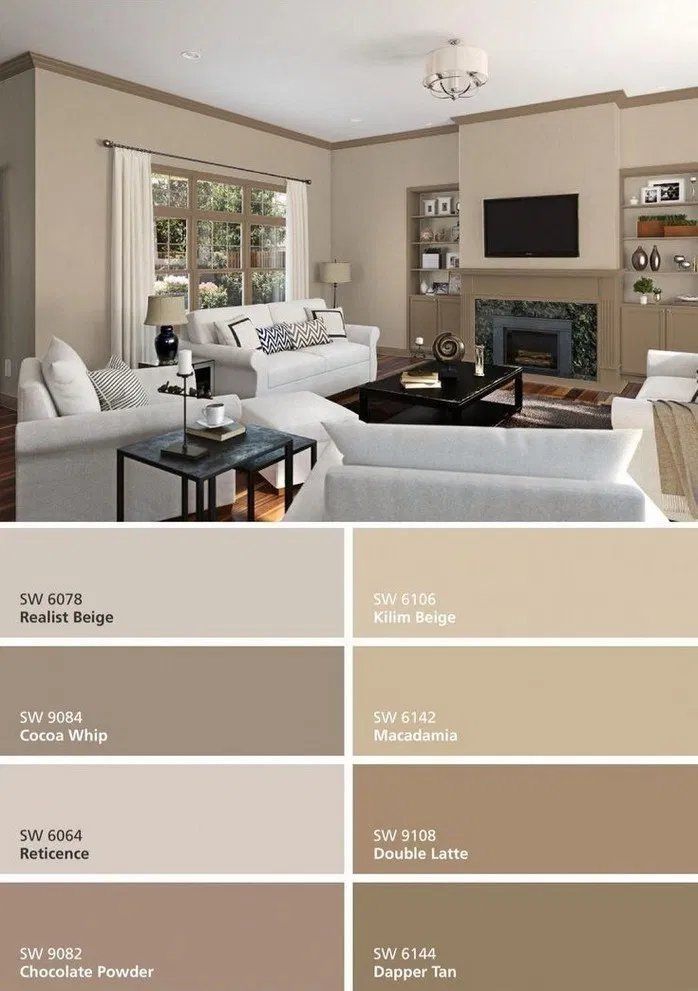 the living room is painted in neutrals and browns, while the other colors are white