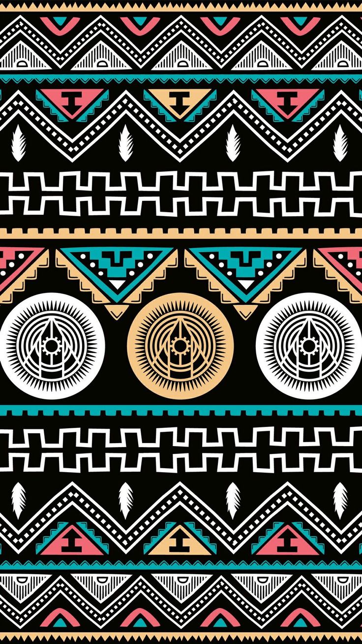 an abstract pattern with different colors and shapes on black background, which includes geometric designs