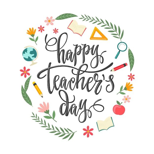 the words happy teacher's day are surrounded by flowers, books and school supplies