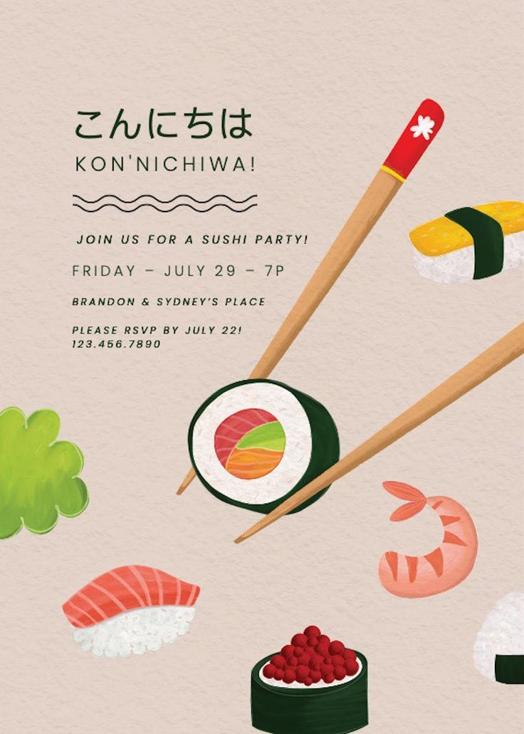 sushi party poster with chopsticks and vegetables