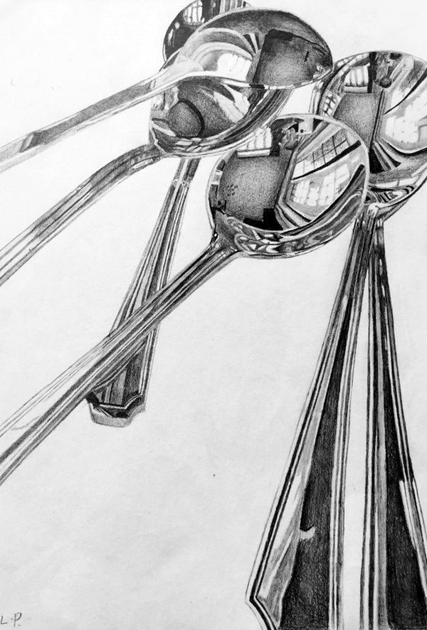 a pencil drawing of a ferris wheel with lots of spoons on top of it