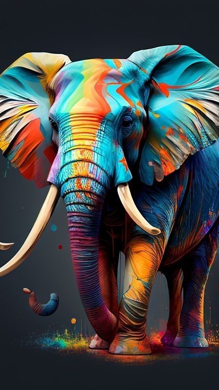 an elephant with colorful paint on it's face and tusks, standing in front of a black background