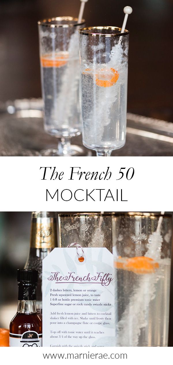 the french 50 cocktail is served in two glasses with an orange garnish on top