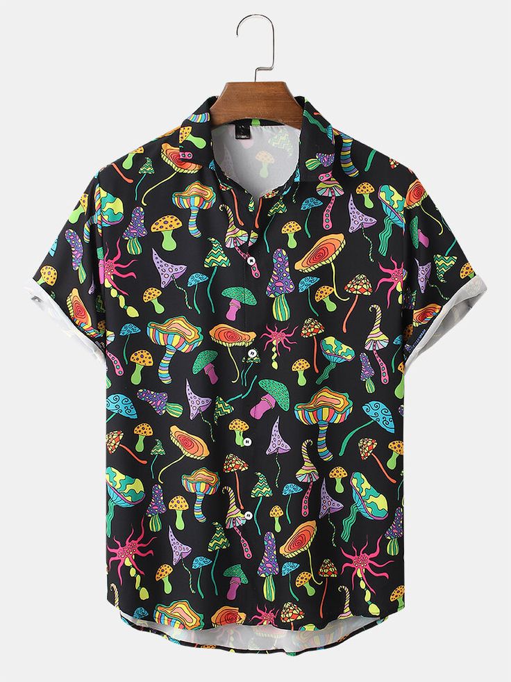 Designer Mens Colorful Mushroom Print Button Up Street Short Sleeve Shirts - NewChic Funky Shirts, Beach Place, Mushroom Print, Hawaii Shirt, Shirt Fabric, Look Cool, Intricate Details, Summer Shirts, Season Summer